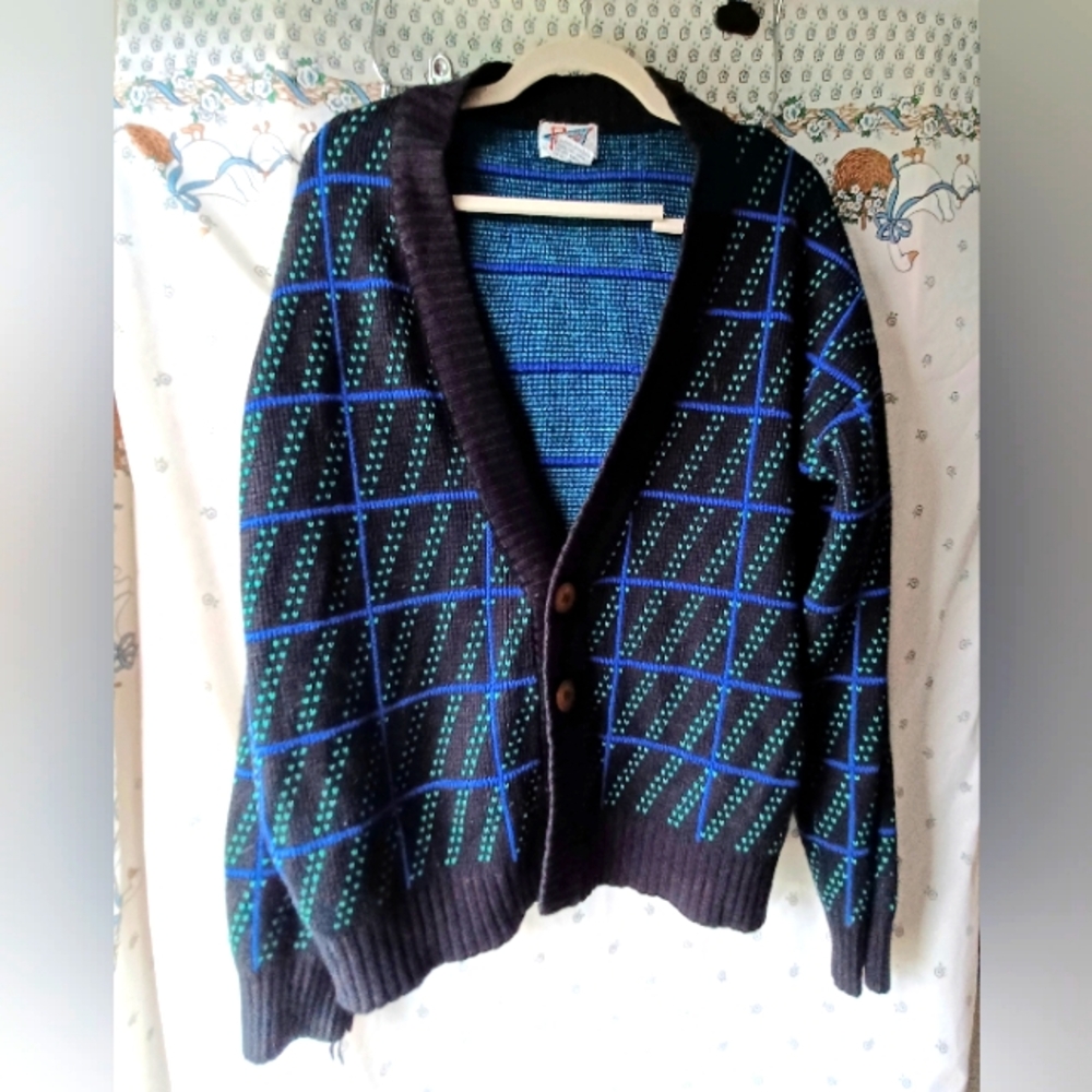 Eclectic Grandpa Cozy Knit Vintage 80's PAZZO Black and Blue Cardigan Sweater